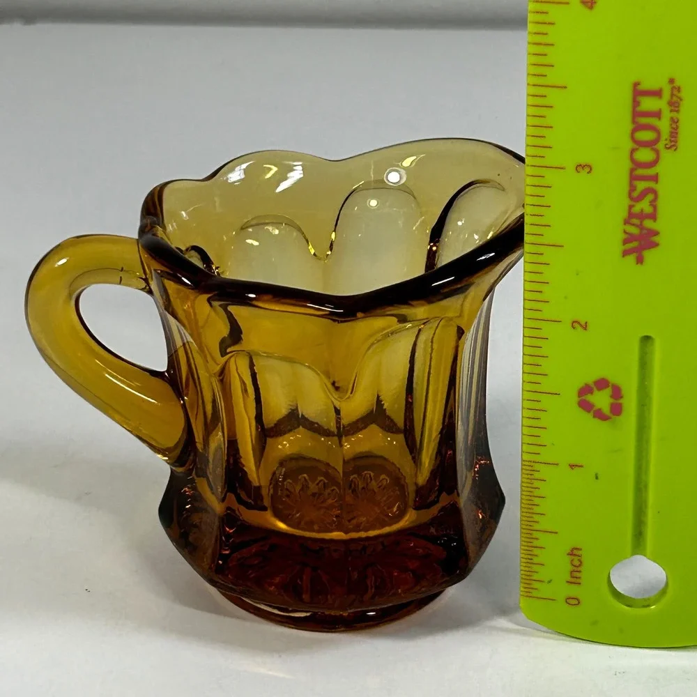 Vintage Amber Glass Creamer Paneled Scalloped Rim Small Pitcher Honey Gold‎